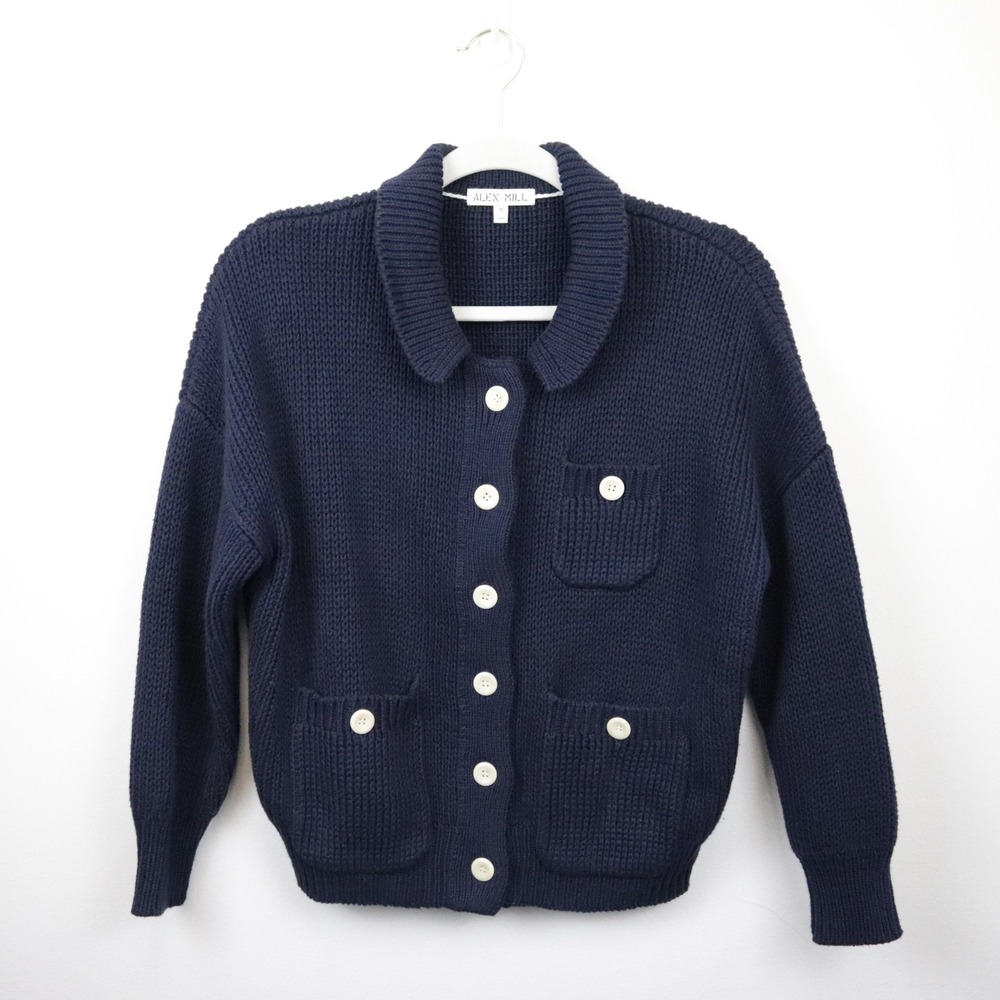 Alex Mill Parker Sweater Jacket Medium Navy Blue Cotton Chunky Knit Cardigan - Picture 2 of 9